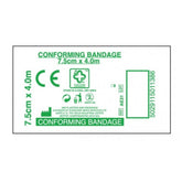 A white wrapper labeled "A&E - Conforming Bandage - 4m x 7.5cm" features green text, symbols, and storage instructions.
